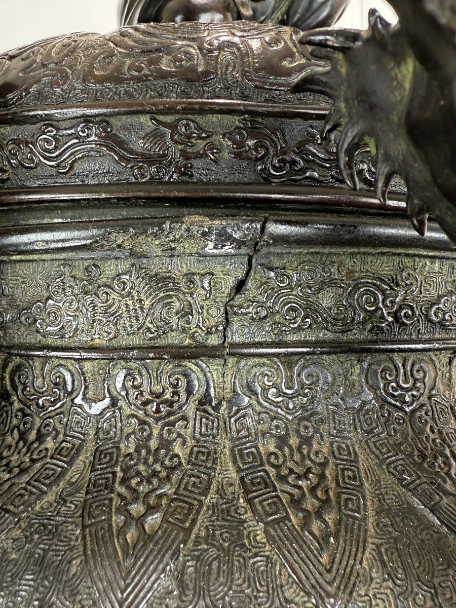 Large 90 Cm Vase In Sculpted Patinated Bronze Meiji Period Japan 19th Century (1890)-photo-4