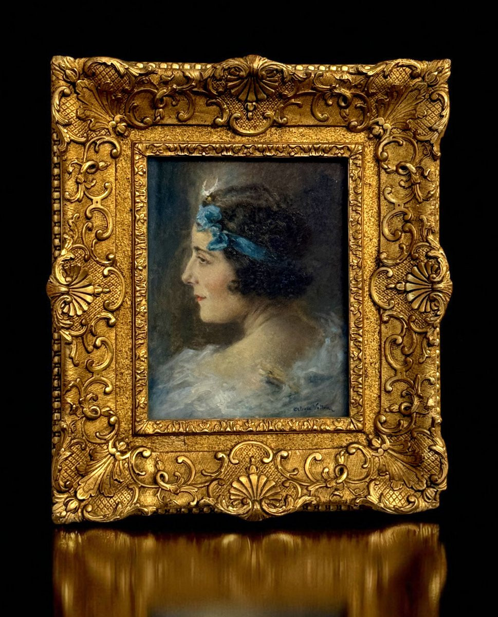 Alexis Vollon 1865 -1945 / Oil On Panel Under Glass "portrait Of A Woman 1930"