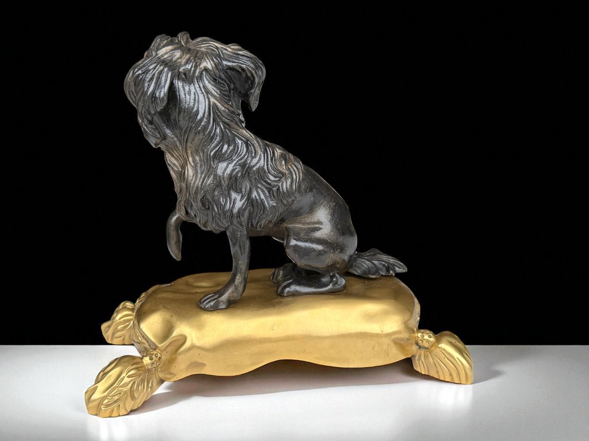 D'APRES JACQUES CAFFIÉRI 1678-1755 /CHIEN EN BRONZE PATINÉ SUR SOCLE BRONZE DORÉ-photo-1