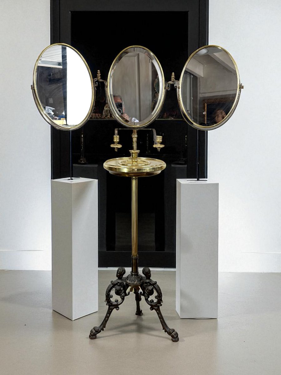 Brass Barber's Triptych Mirror, Napoleon III Period, Height Adjustable-photo-3