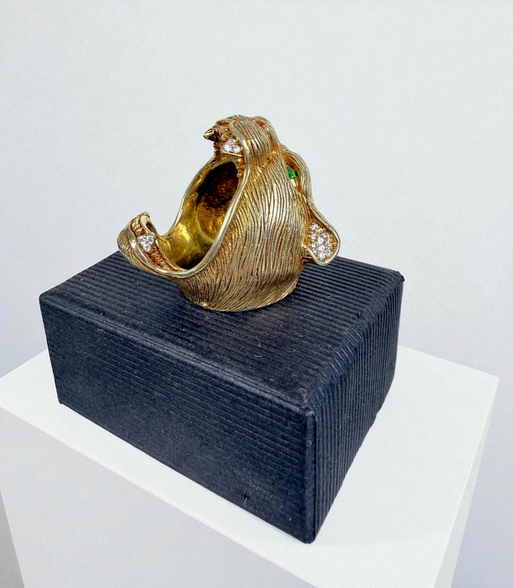 Ring In Silver (925) Gilded And Chiseled In The Shape Of A Tiger With Emerald Eyes-photo-2