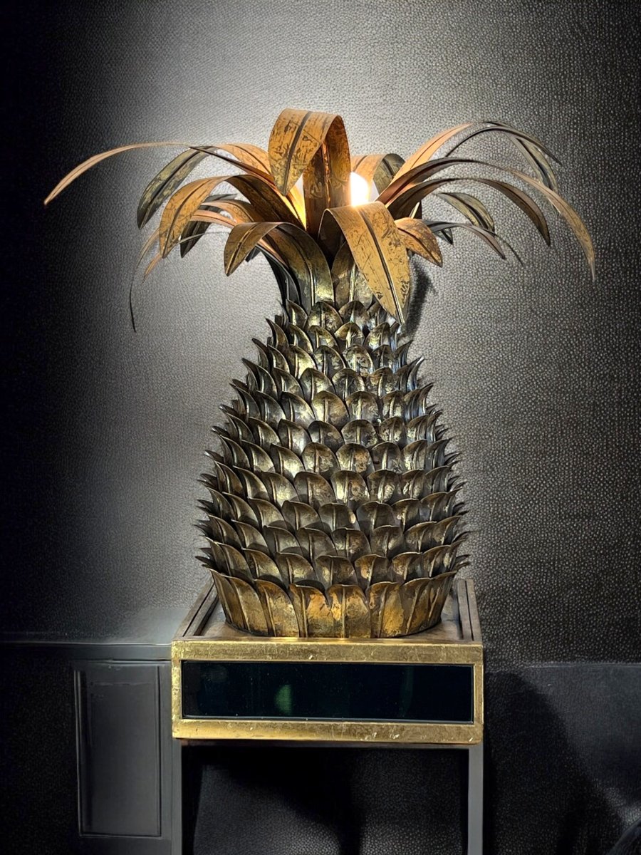 Pineapple-shaped Lamp. In The Style Of The 70s Jansen In Gold Metal-photo-3