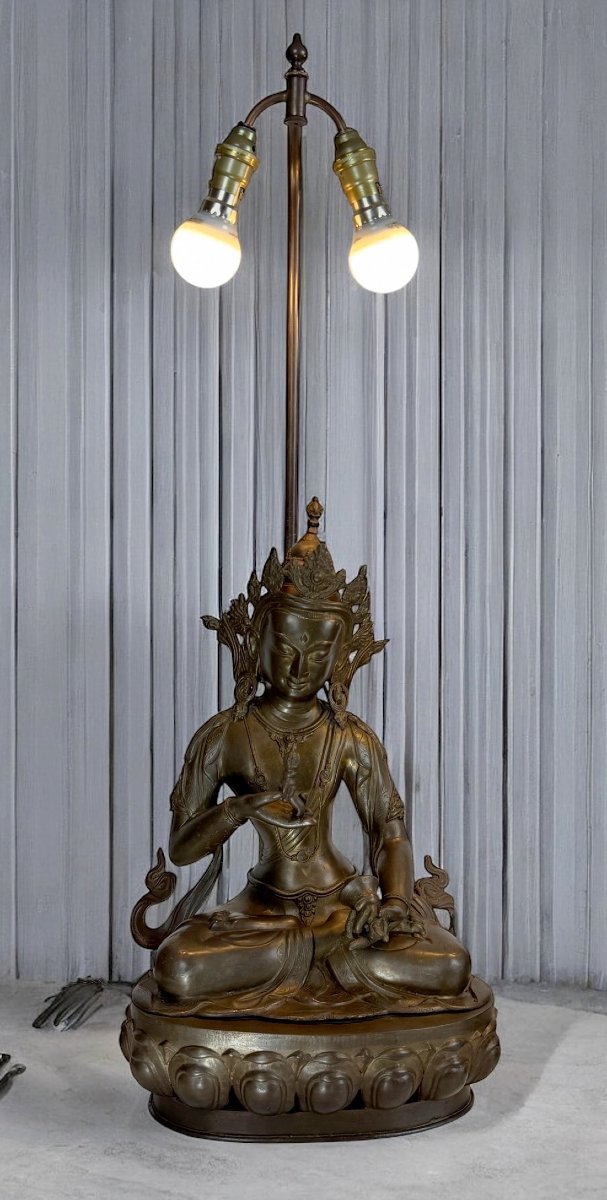 Large Pair Of Bronze Lamps Representing Tibetan Statues, Late 19th Century-photo-8