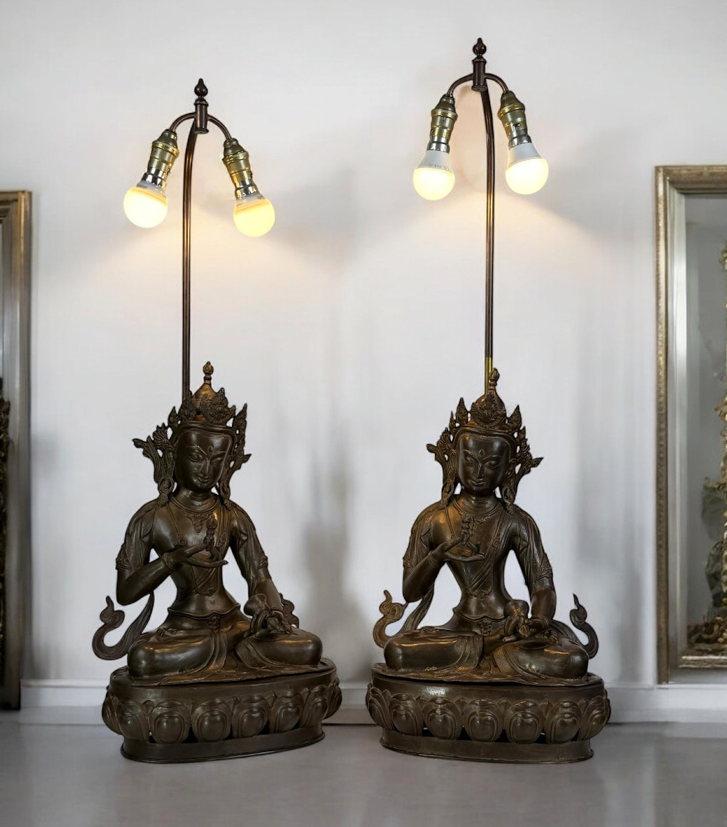 Large Pair Of Bronze Lamps Representing Tibetan Statues, Late 19th Century