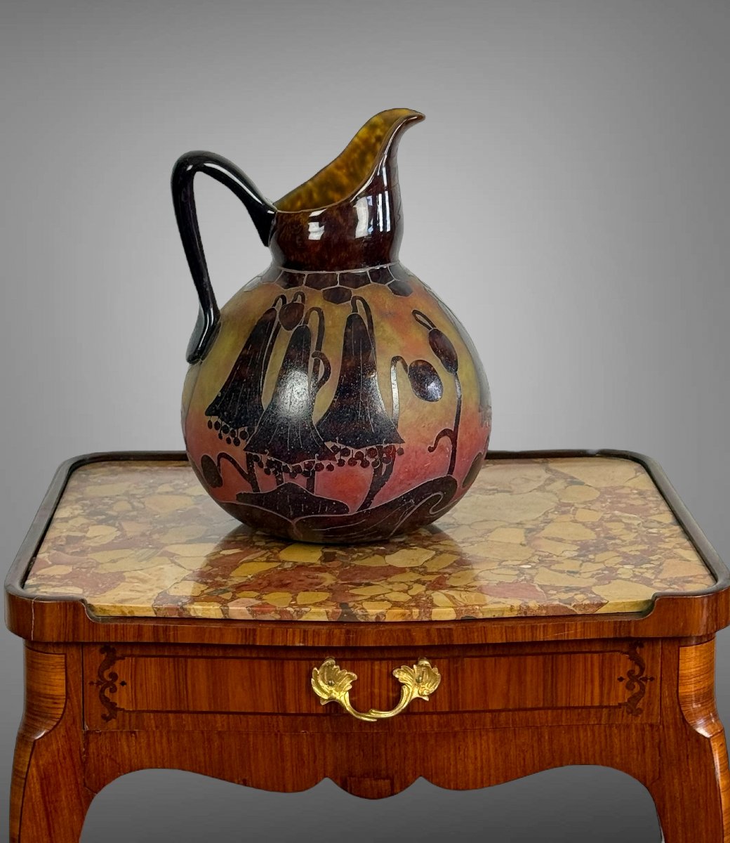 LE VERRE FRANÇAIS PICHET SIGNÉ EN VERRE DEGAGÉ A L ACIDE A DECOR DE CAMPANULES -photo-4