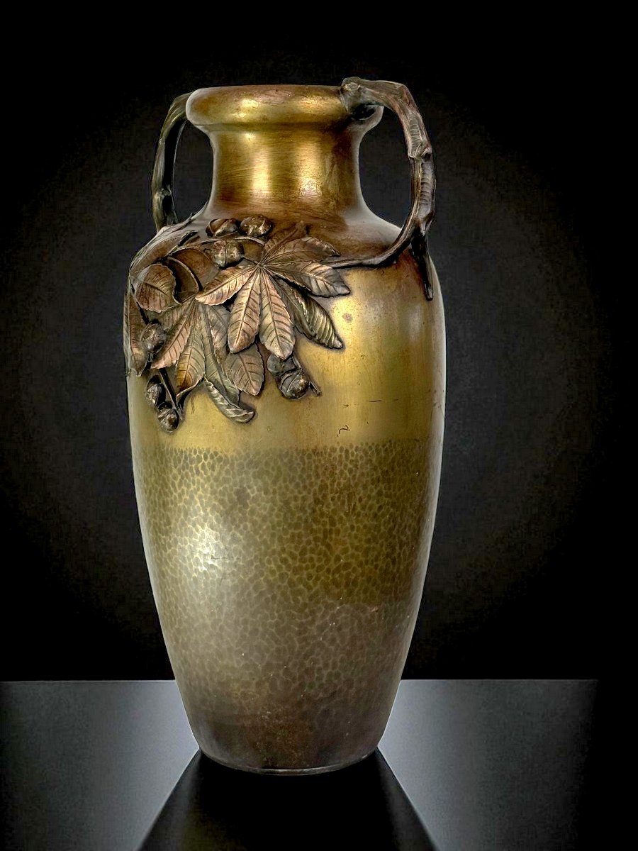 Large Art Nouveau Vase In Patinated Bronze Stamped Kayser With Brown Decor-photo-4