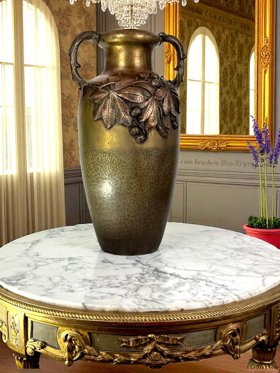 Large Art Nouveau Vase In Patinated Bronze Stamped Kayser With Brown Decor-photo-2