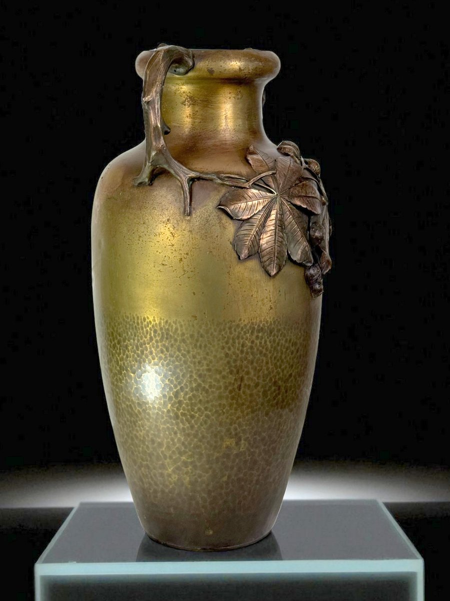 Large Art Nouveau Vase In Patinated Bronze Stamped Kayser With Brown Decor-photo-3