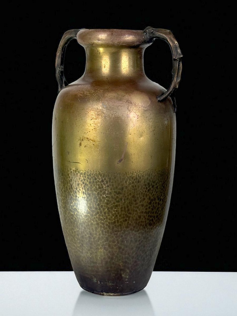 Large Art Nouveau Vase In Patinated Bronze Stamped Kayser With Brown Decor-photo-4