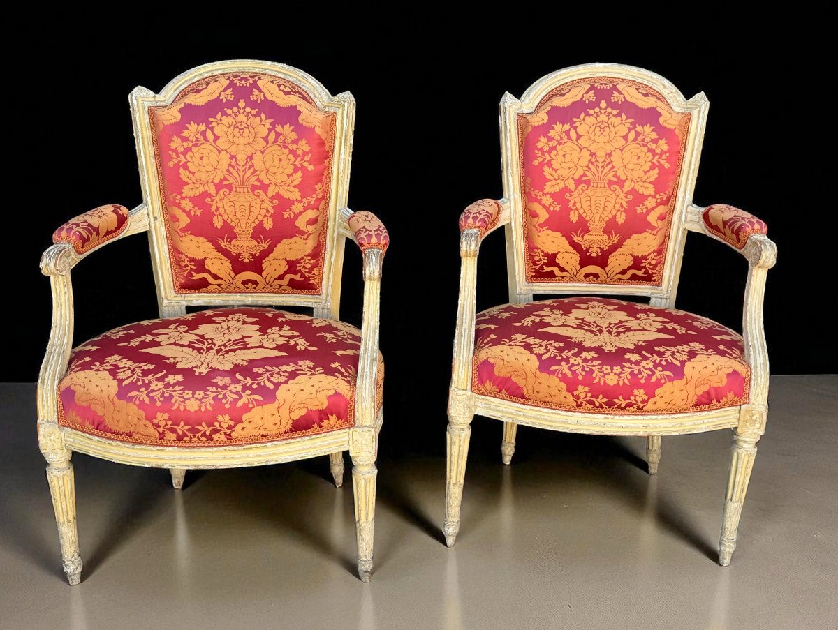 Pair Of 18th Century Louis XVI Armchairs In Lacquered Wood Covered In Fabric-photo-2