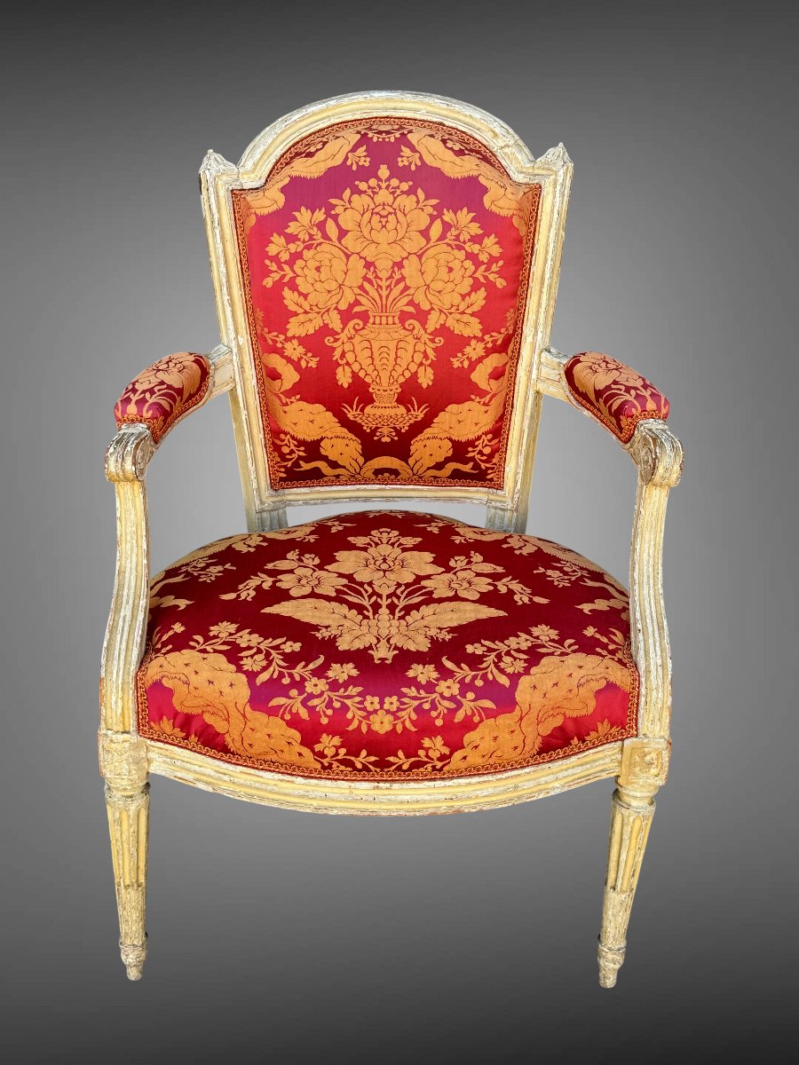 Pair Of 18th Century Louis XVI Armchairs In Lacquered Wood Covered In Fabric-photo-3