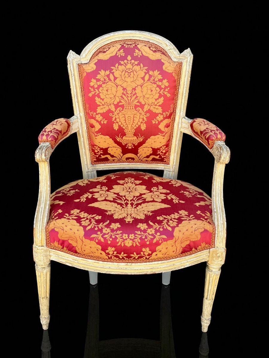 Pair Of 18th Century Louis XVI Armchairs In Lacquered Wood Covered In Fabric-photo-4