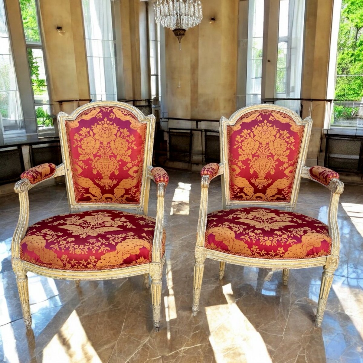 Pair Of 18th Century Louis XVI Armchairs In Lacquered Wood Covered In Fabric-photo-7