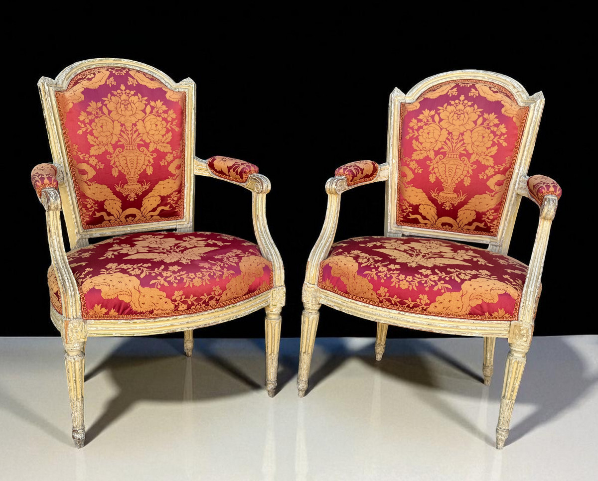 Pair Of 18th Century Louis XVI Armchairs In Lacquered Wood Covered In Fabric