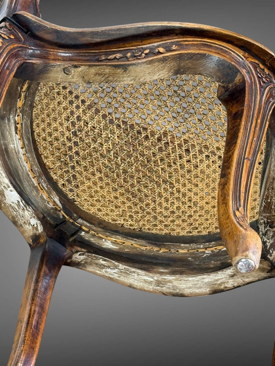 FAUTEUIL DE BUREAU EN NOYER ET CANNÉ " DIT COUILLARD " DU XIXe DE STYLE LOUIS XV-photo-3
