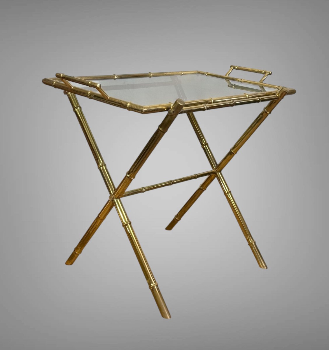 MAISON BAGUES DES ANNÉES 70 / DESSERTE EN MÉTAL DORÉ A DÉCOR DE BAMBOU-photo-2