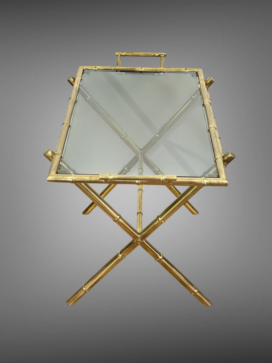 MAISON BAGUES DES ANNÉES 70 / DESSERTE EN MÉTAL DORÉ A DÉCOR DE BAMBOU-photo-8