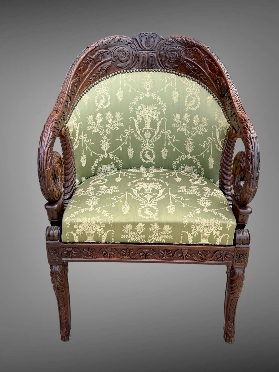 FAUTEUIL D'APPARAT FRANÇAIS  STRUCTURE EN BOIS D ACAJOU SCULPTÉ D' ÉPOQUE EMPIRE-photo-2