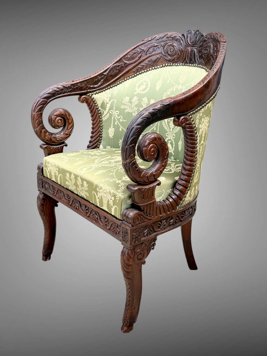 FAUTEUIL D'APPARAT FRANÇAIS  STRUCTURE EN BOIS D ACAJOU SCULPTÉ D' ÉPOQUE EMPIRE-photo-2