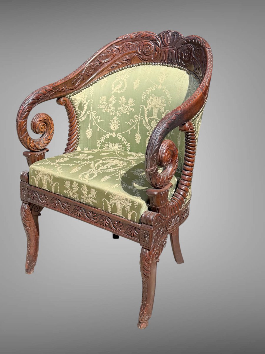 FAUTEUIL D'APPARAT FRANÇAIS  STRUCTURE EN BOIS D ACAJOU SCULPTÉ D' ÉPOQUE EMPIRE-photo-8