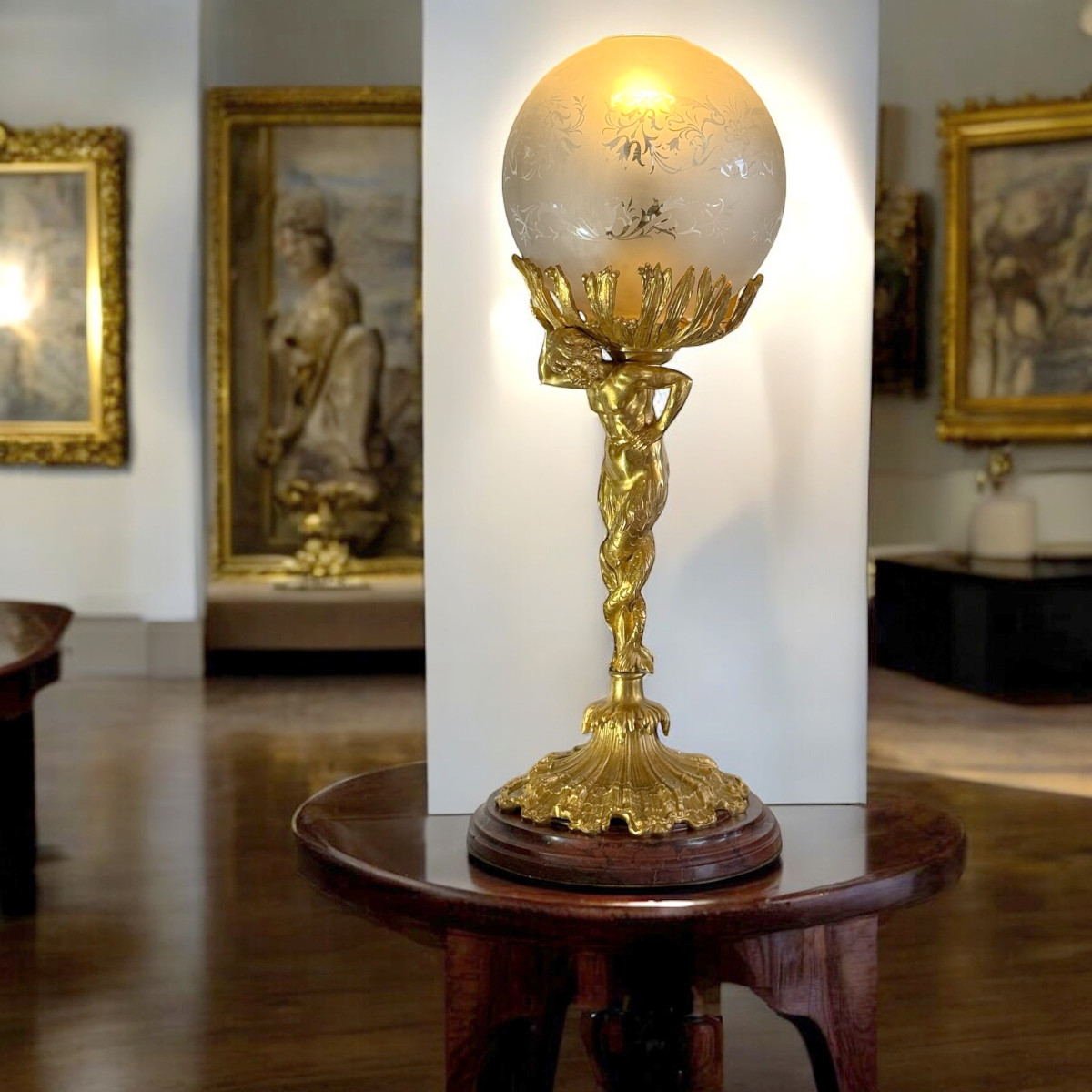 LAMPE XIXe EN BRONZE DORÉ REPRÉSENTANT UN TRITON A DOUBLE QUEUES SOCLE MARBRE-photo-2