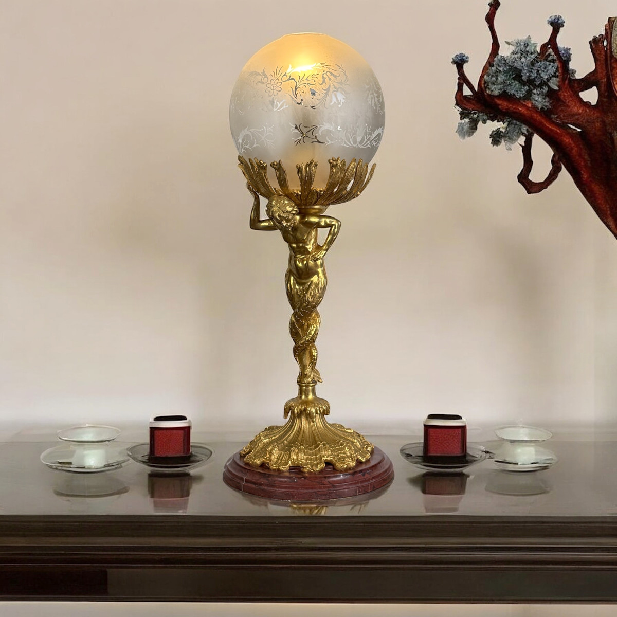 LAMPE XIXe EN BRONZE DORÉ REPRÉSENTANT UN TRITON A DOUBLE QUEUES SOCLE MARBRE-photo-3