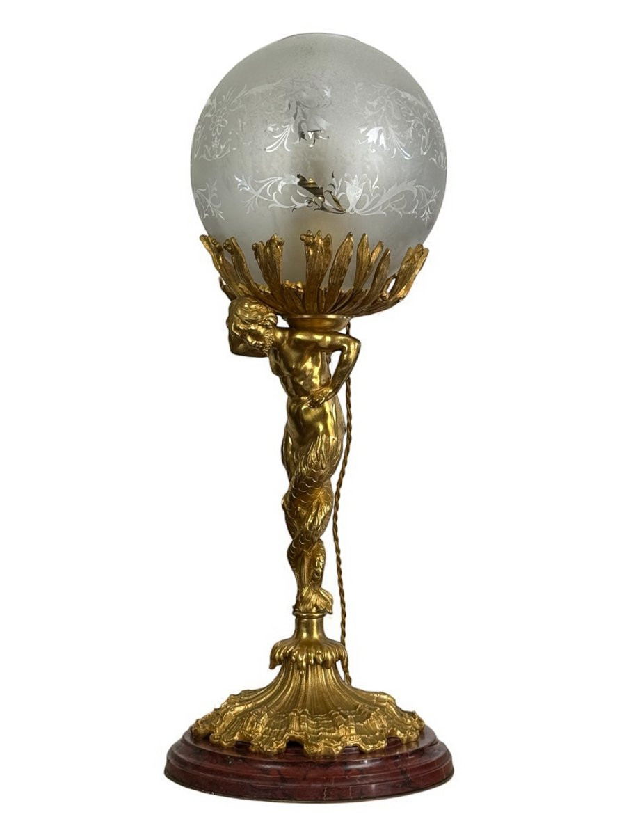 LAMPE XIXe EN BRONZE DORÉ REPRÉSENTANT UN TRITON A DOUBLE QUEUES SOCLE MARBRE-photo-1