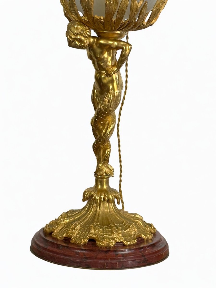 LAMPE XIXe EN BRONZE DORÉ REPRÉSENTANT UN TRITON A DOUBLE QUEUES SOCLE MARBRE-photo-3