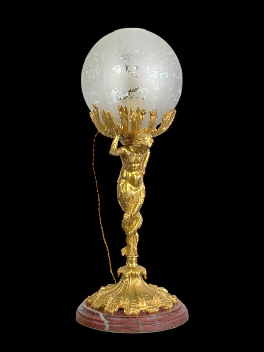 LAMPE XIXe EN BRONZE DORÉ REPRÉSENTANT UN TRITON A DOUBLE QUEUES SOCLE MARBRE-photo-5
