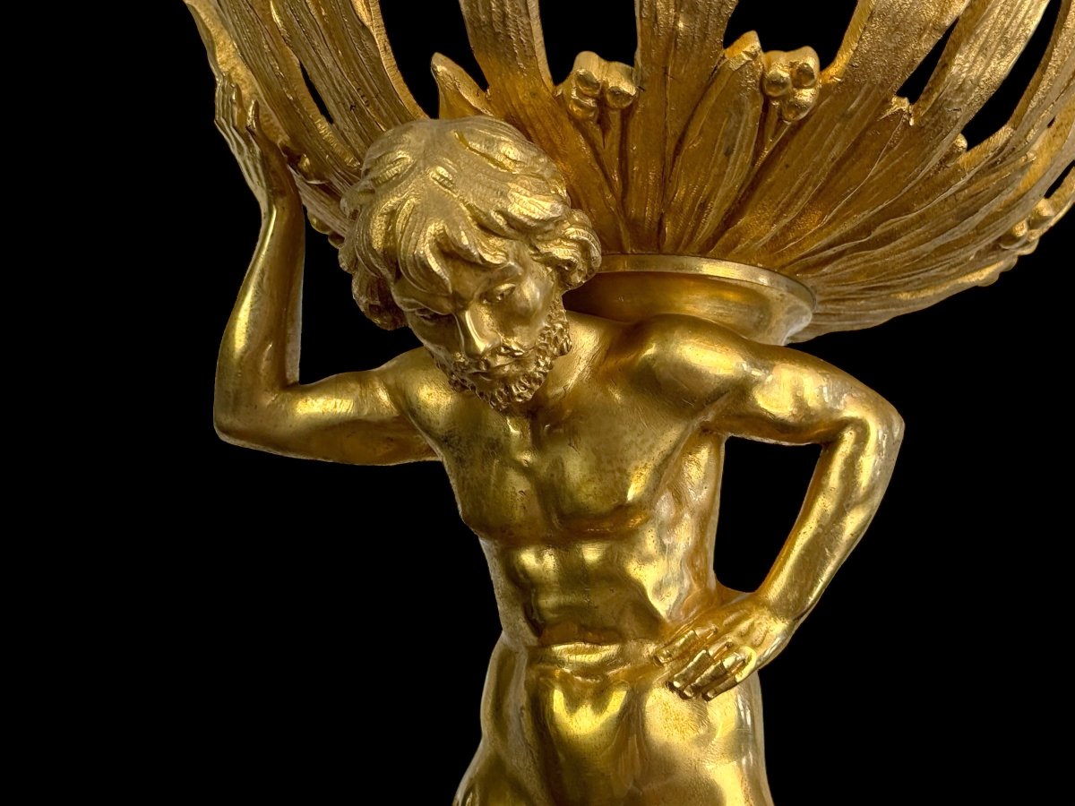 LAMPE XIXe EN BRONZE DORÉ REPRÉSENTANT UN TRITON A DOUBLE QUEUES SOCLE MARBRE-photo-6