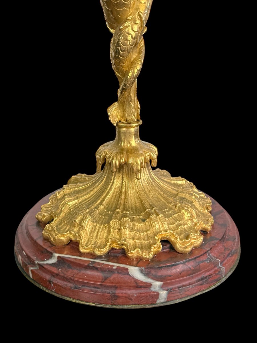 LAMPE XIXe EN BRONZE DORÉ REPRÉSENTANT UN TRITON A DOUBLE QUEUES SOCLE MARBRE-photo-8