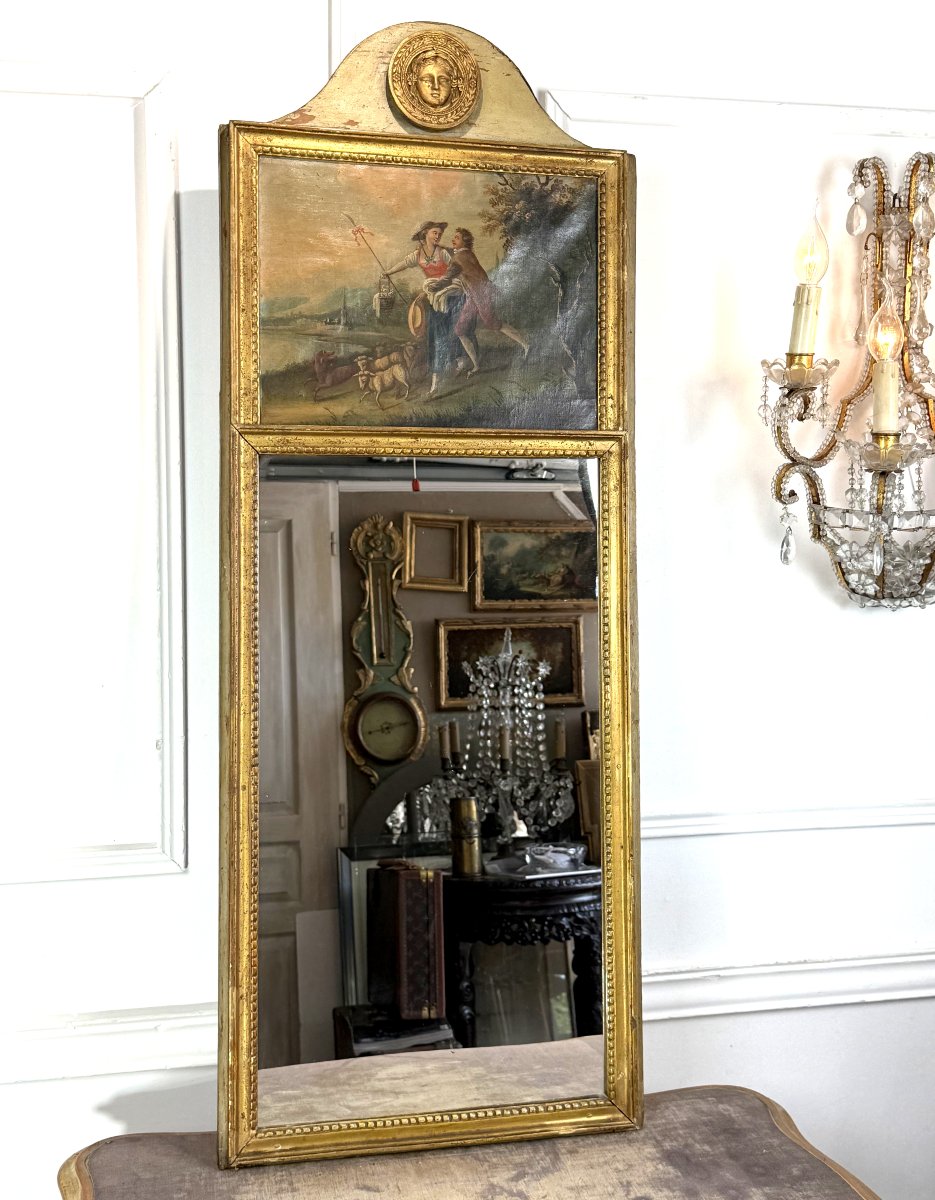 TRUMEAU DU XIXe DE STYLE EMPIRE EN BOIS LAQUÉ ET DORÉ A DÉCOR D UNE BERGÈRE-photo-2