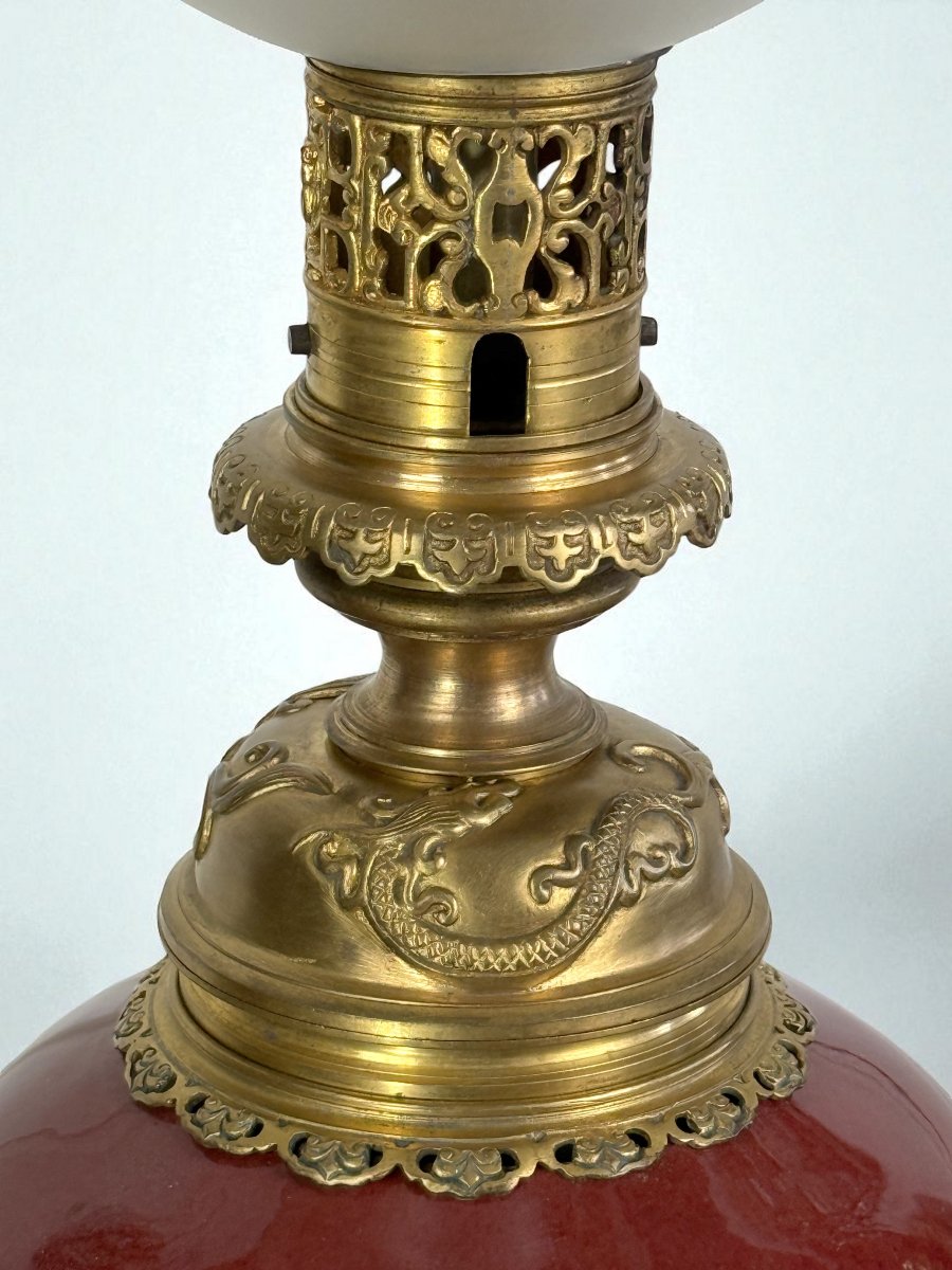 China Napoleon III Period Lamp In Ox Blood Ceramic Decorated With Gilt Bronze-photo-3