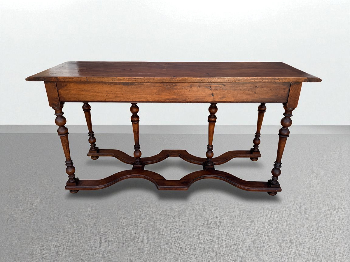 TABLE CONSOLE A 6 PIEDS EN NOYER DE STYLE LOUIS XIII OUVRANT PAR 2 TIROIRS-photo-4