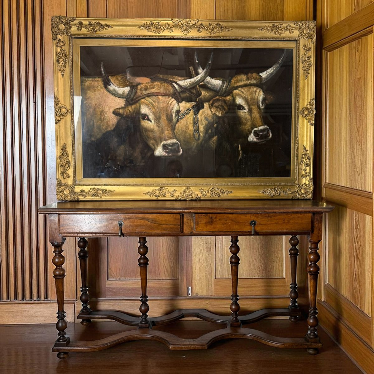 Large Painting / Painting On Fabric In A Gilded Wooden Frame "the Cows"-photo-2