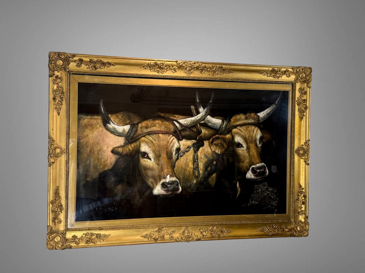 Large Painting / Painting On Fabric In A Gilded Wooden Frame "the Cows"-photo-3