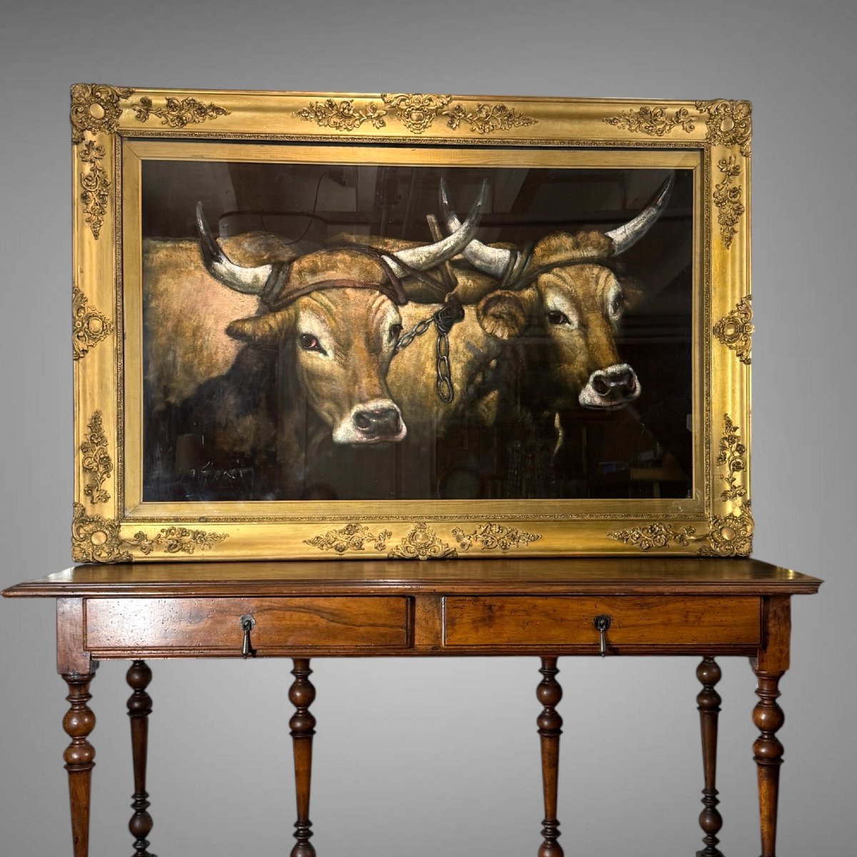 Large Painting / Painting On Fabric In A Gilded Wooden Frame "the Cows"-photo-4