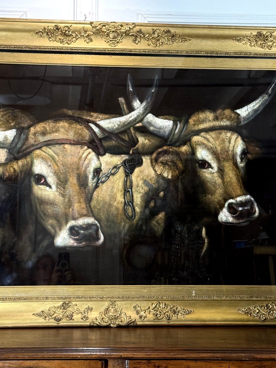 Large Painting / Painting On Fabric In A Gilded Wooden Frame "the Cows"-photo-1