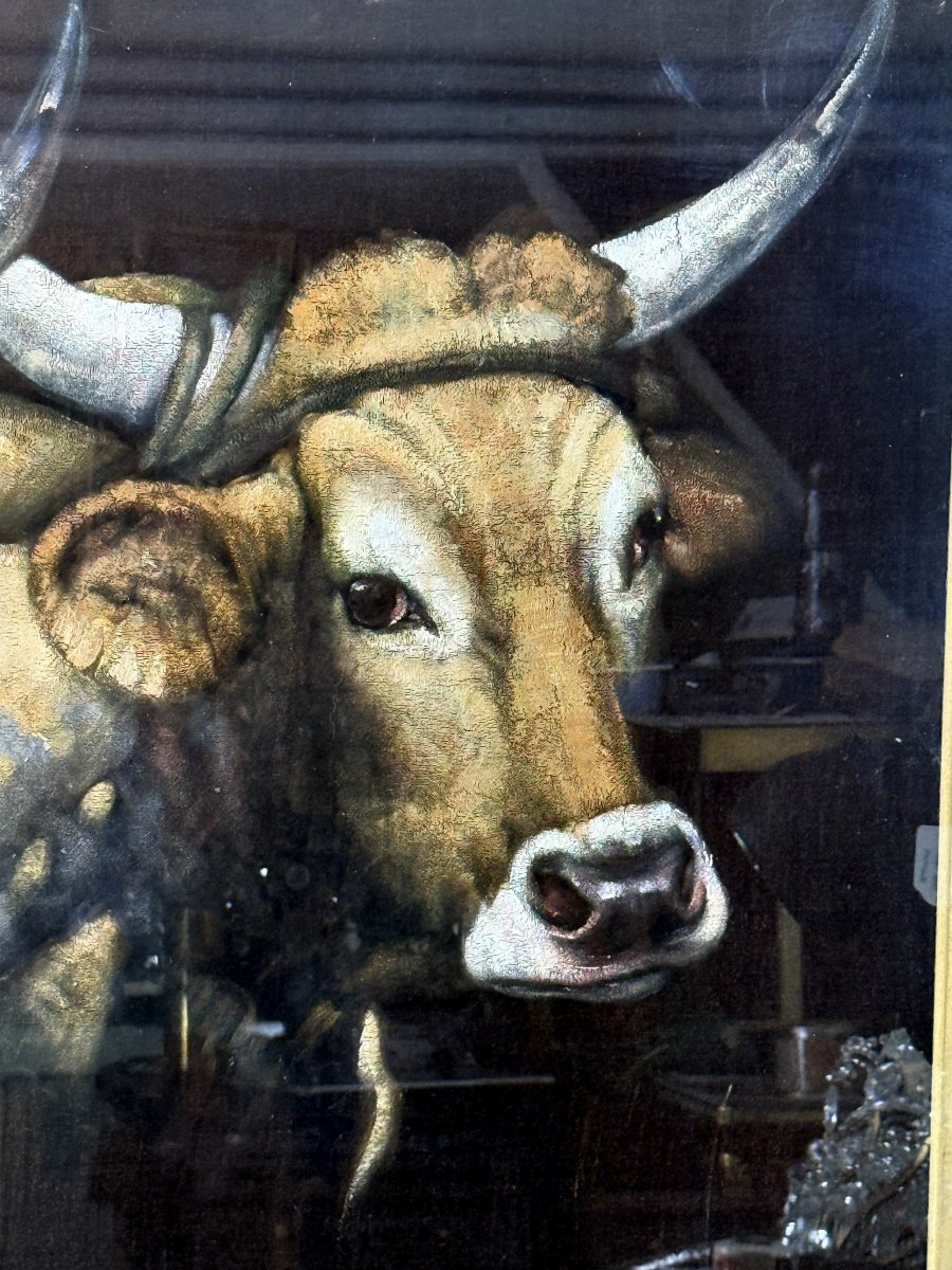 Large Painting / Painting On Fabric In A Gilded Wooden Frame "the Cows"-photo-2