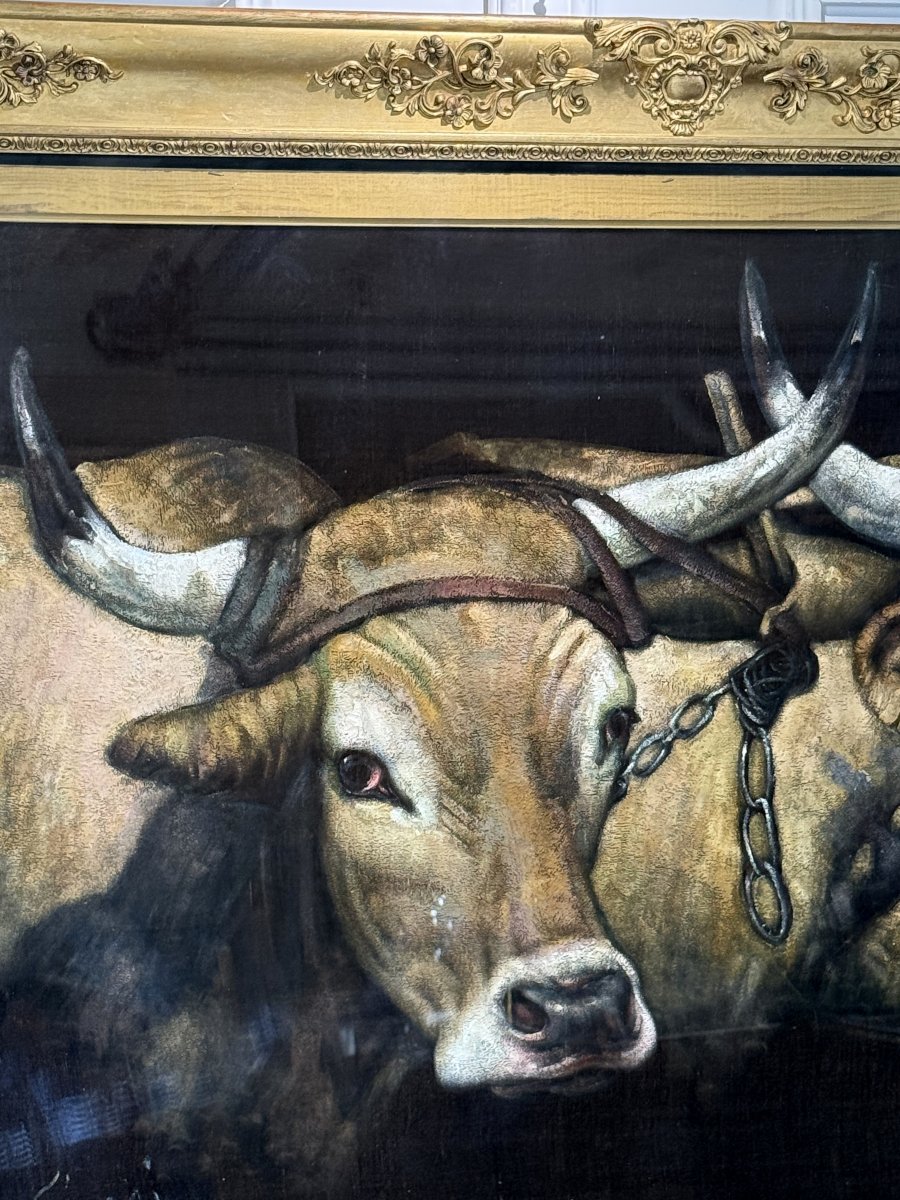 Large Painting / Painting On Fabric In A Gilded Wooden Frame "the Cows"-photo-3
