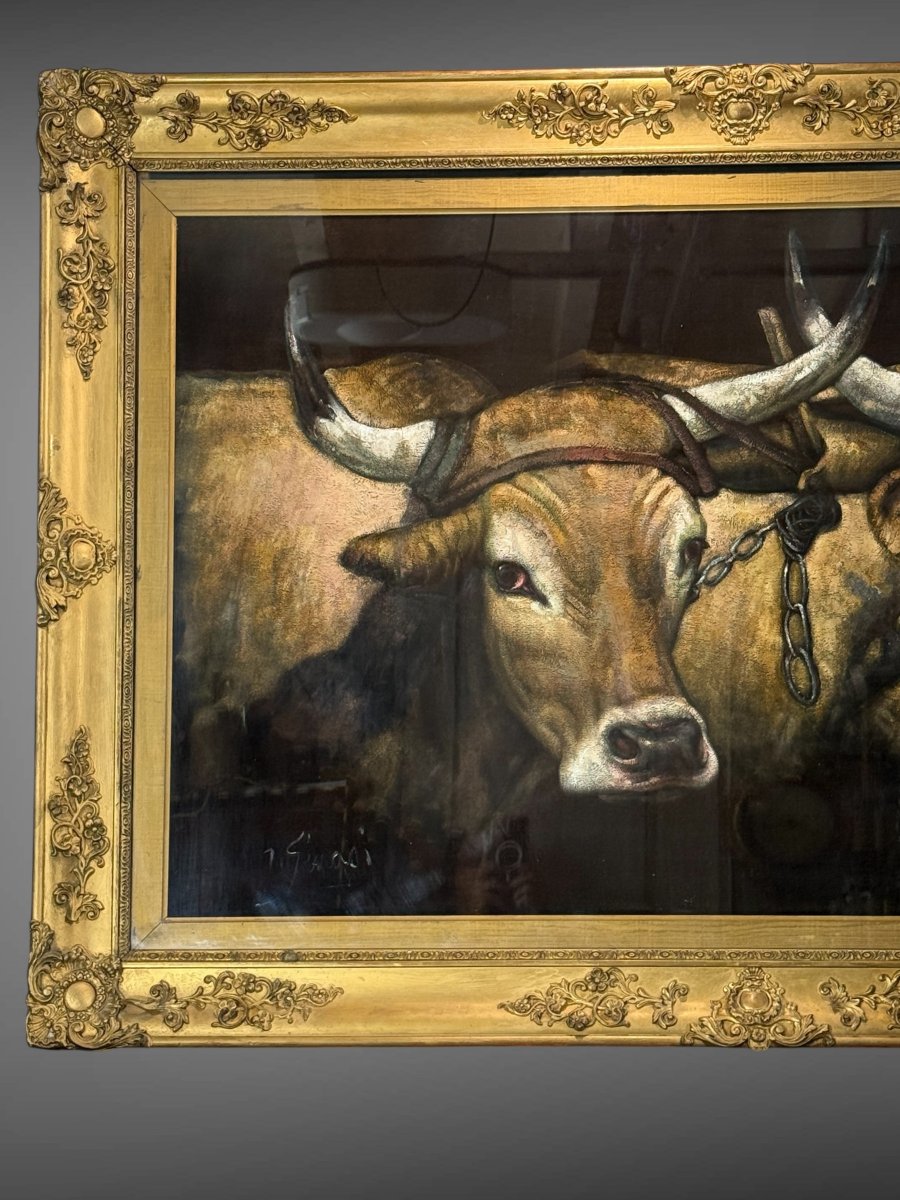 Large Painting / Painting On Fabric In A Gilded Wooden Frame "the Cows"-photo-7