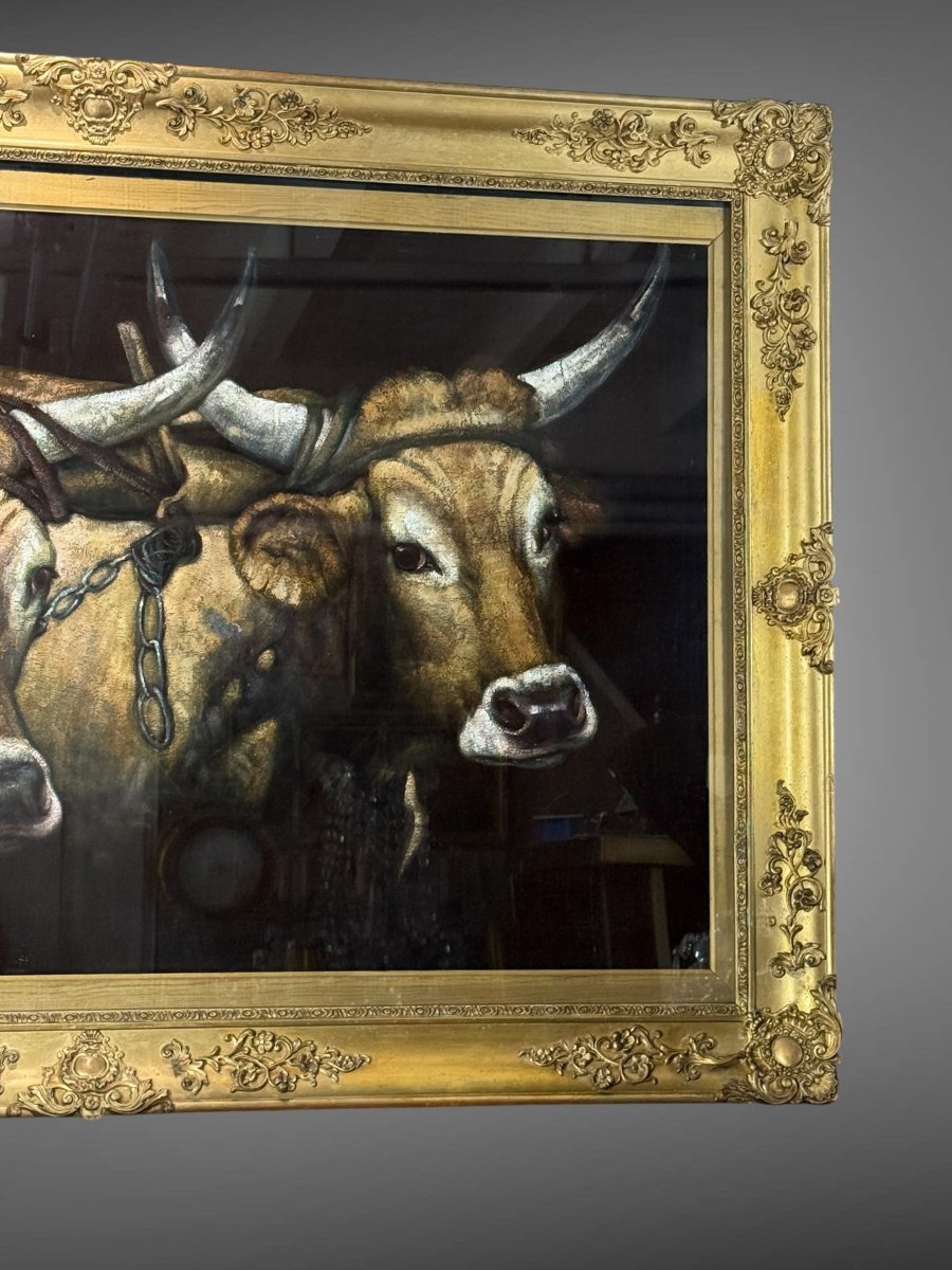 Large Painting / Painting On Fabric In A Gilded Wooden Frame "the Cows"-photo-8