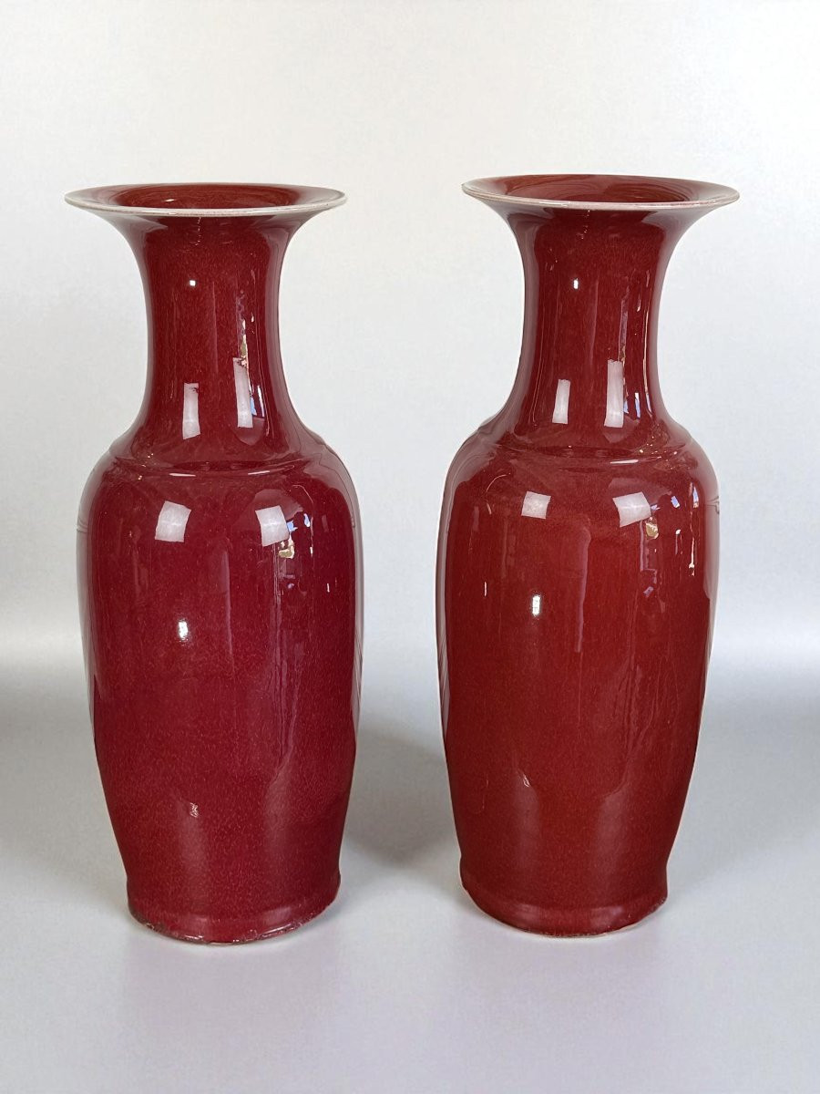 Pair Of Large Baluster Vases In Ox Blood Enamel Porcelain, China, 19th Century-photo-1