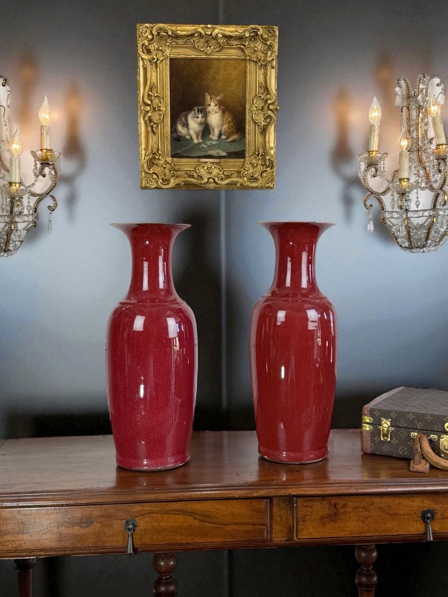 Pair Of Large Baluster Vases In Ox Blood Enamel Porcelain, China, 19th Century