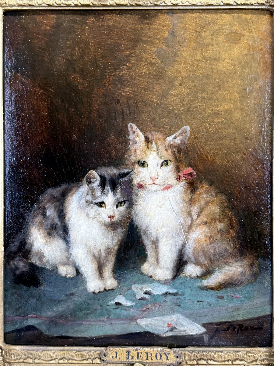 Jules Gustave Leroy 1856-1921 / Painting / Oil On Wooden Panel "the Cats"-photo-2