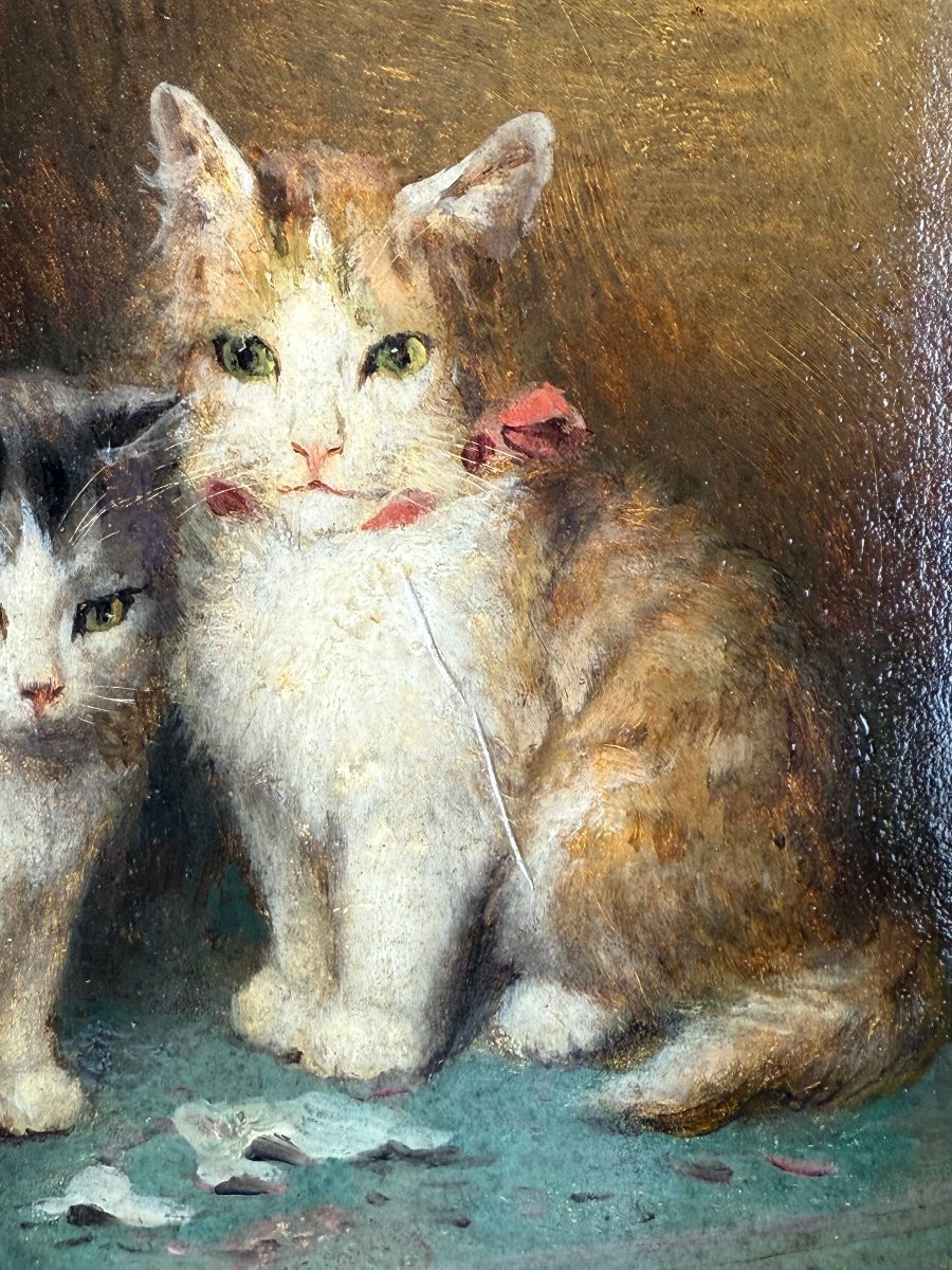 Jules Gustave Leroy 1856-1921 / Painting / Oil On Wooden Panel "the Cats"-photo-3