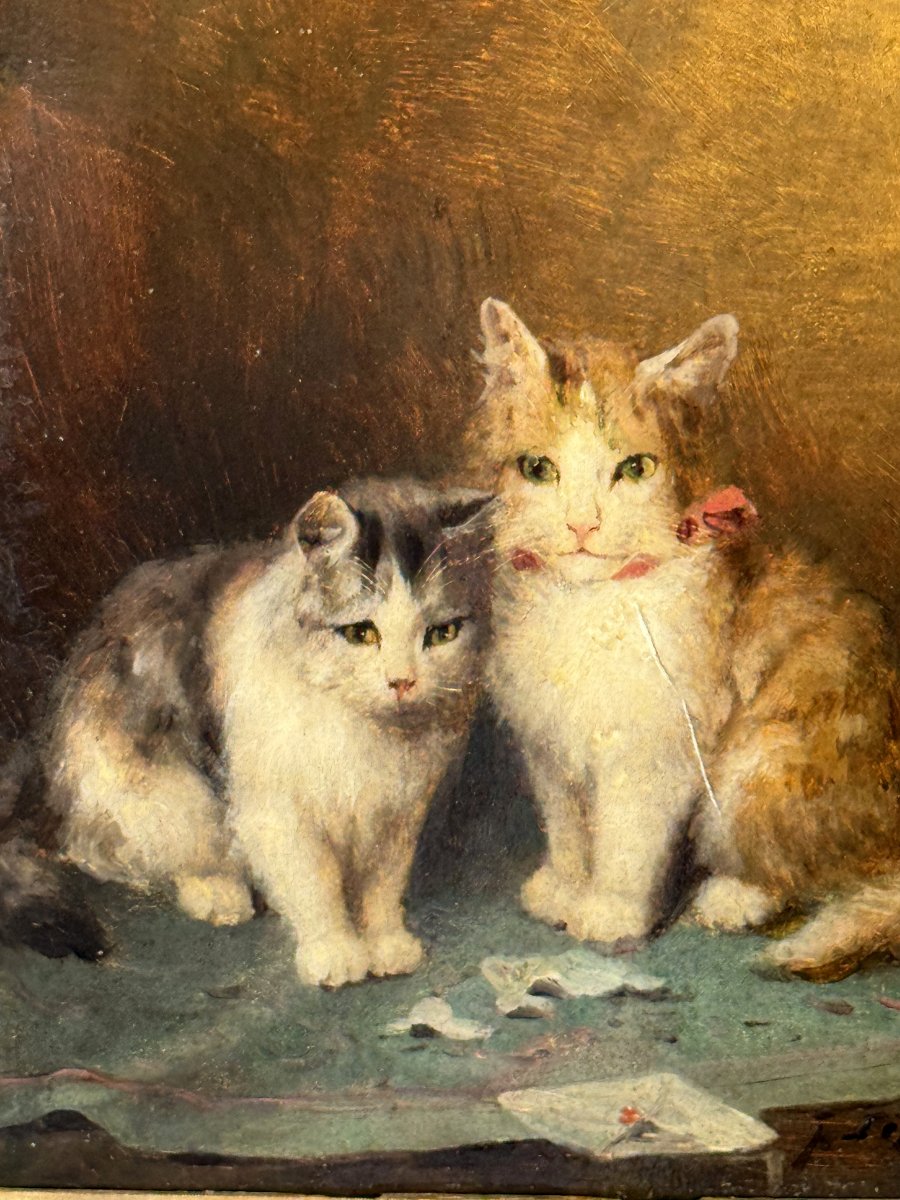 Jules Gustave Leroy 1856-1921 / Painting / Oil On Wooden Panel "the Cats"-photo-4