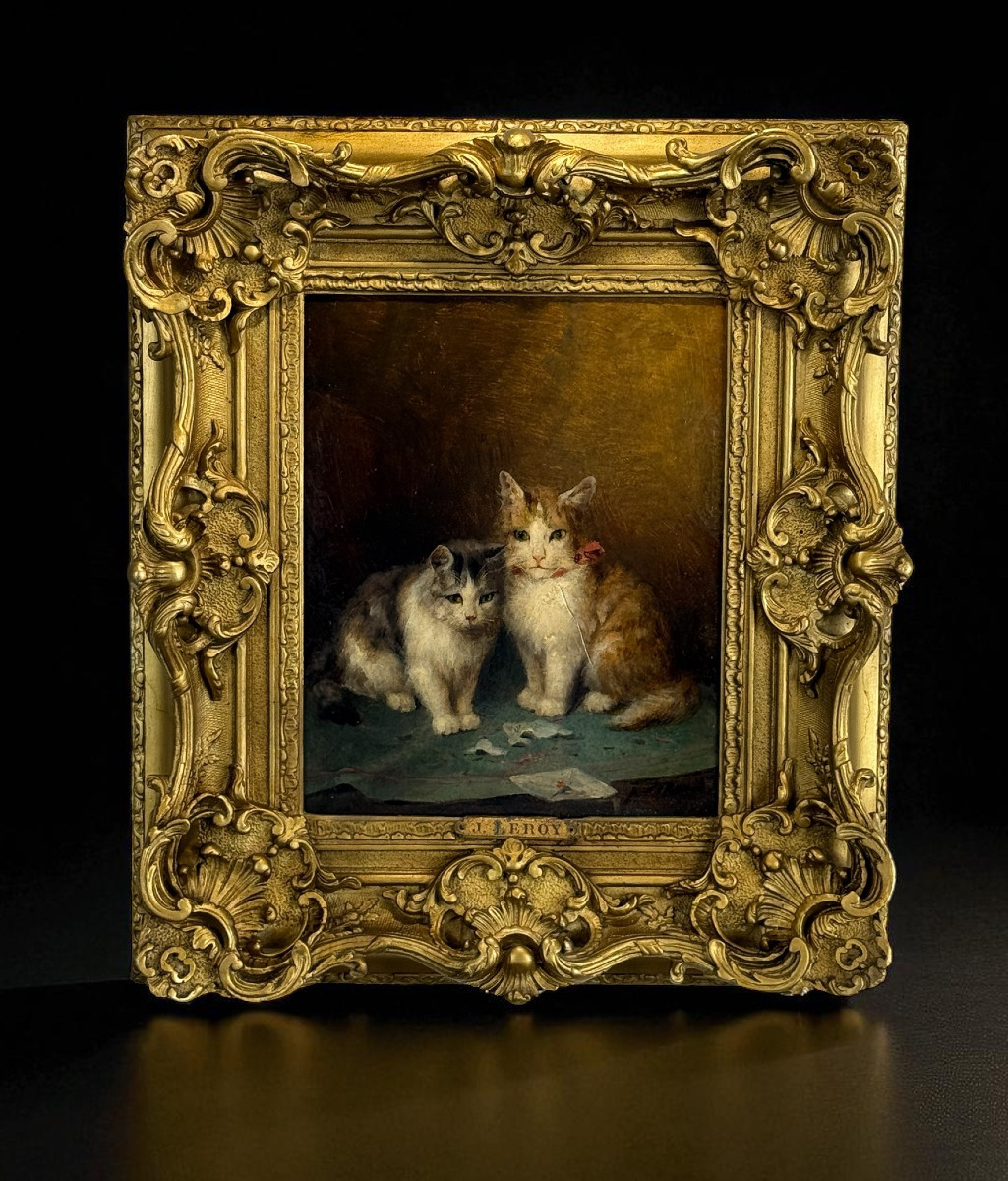 Jules Gustave Leroy 1856-1921 / Painting / Oil On Wooden Panel "the Cats"