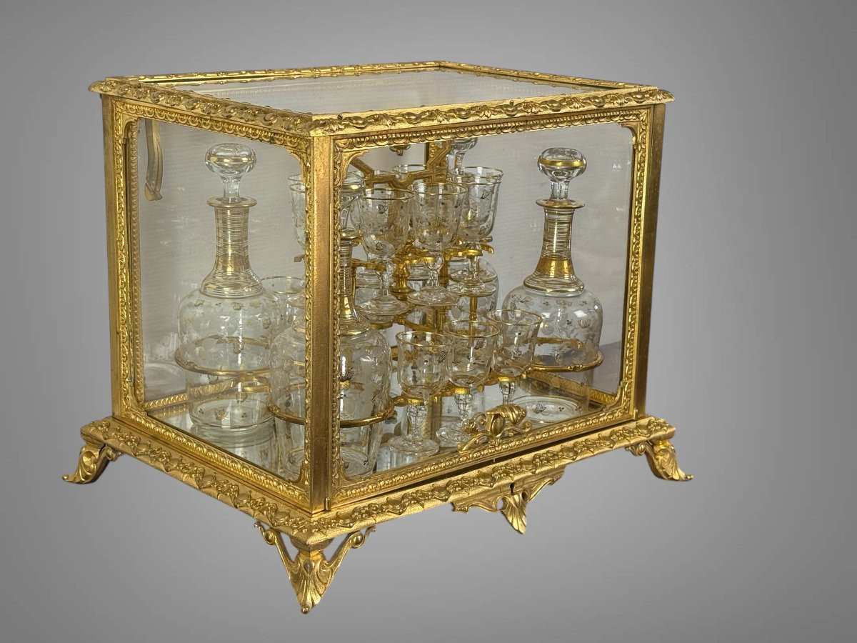 Napoleon III Period Gilt Bronze Liquor Cellar With 4 Carafes And 14 Glasses-photo-1
