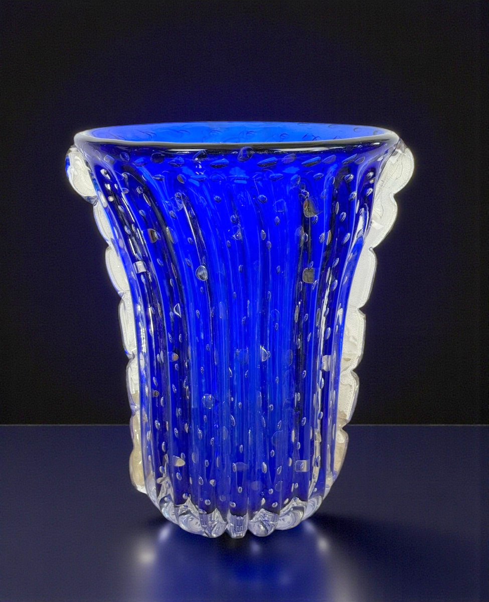 GRAND VASE EN VERRE BULLÉ BLEU A CÔTES DE MURANO SIGNÉ " MURANO TOZO " ANNÉE 30-photo-2